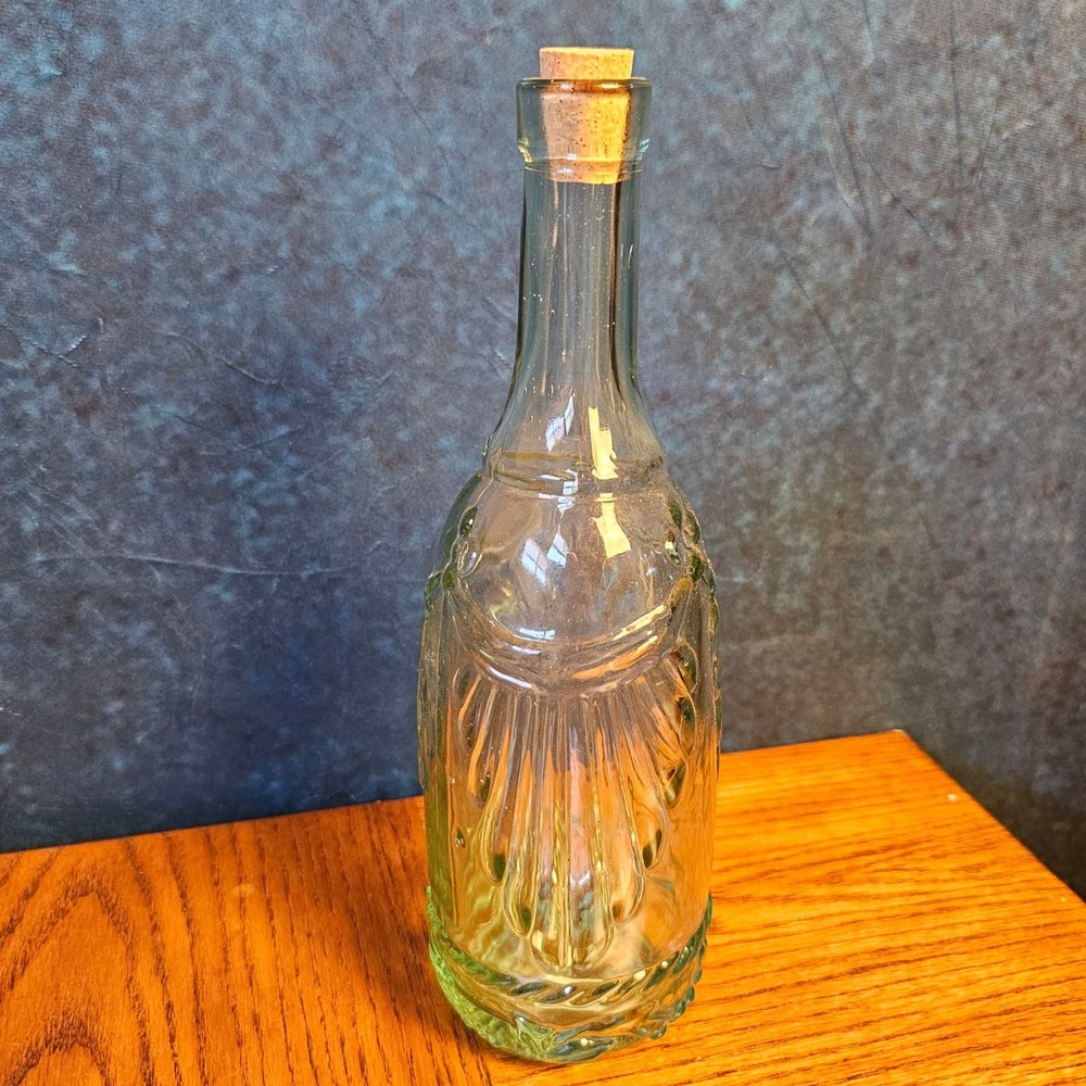 Vintage Recycled Glass Bottle Made in Spain Green Embossed Draped Pattern Cork
